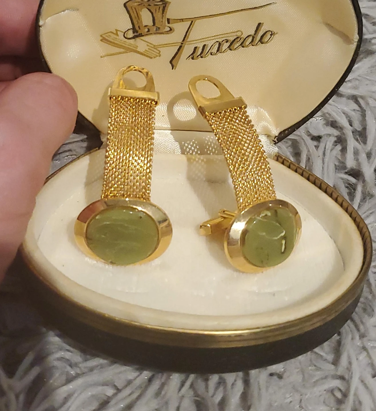 Vintage Gold Tone Tuxedo Cufflinks with Green Stone
