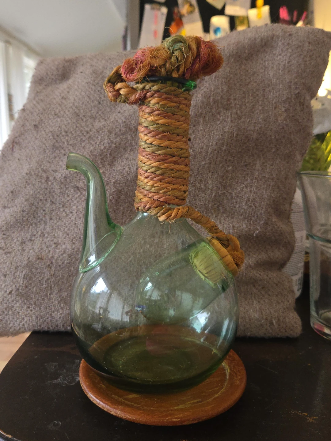 Green Glass Pitcher with Decorative Rope Accent