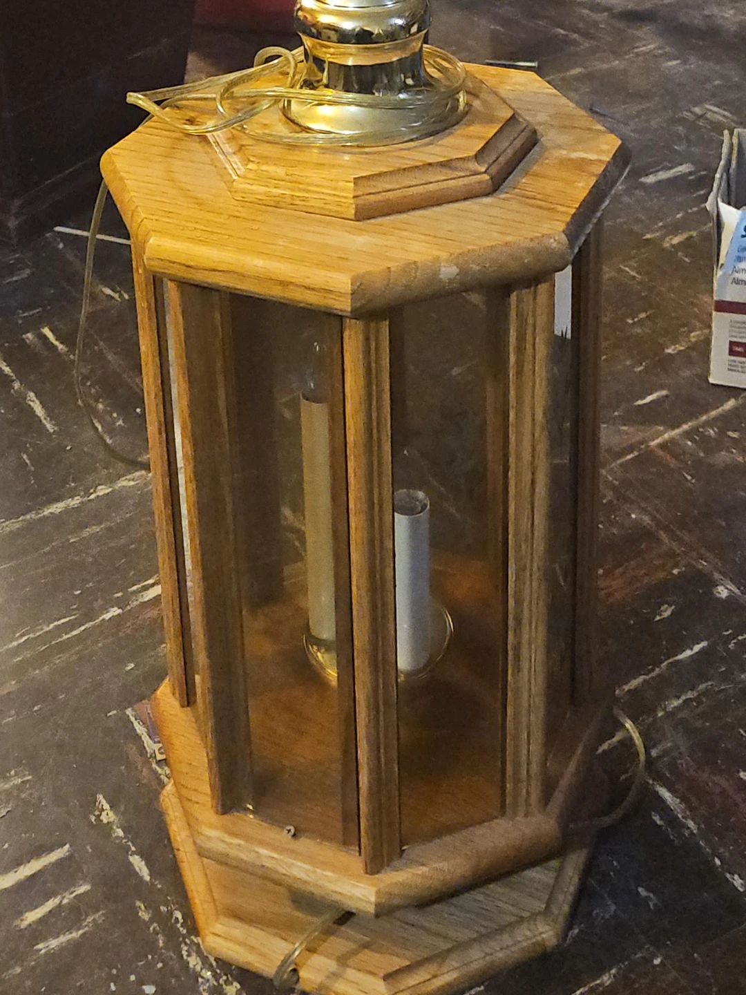 Vintage Wooden Lantern Lamp with Etched Glass