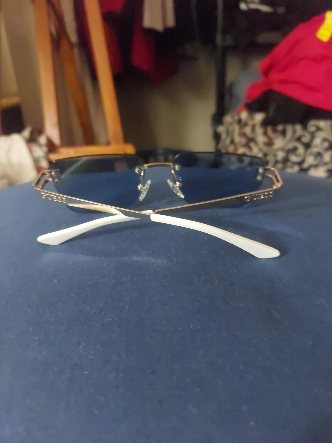 Guess Sunglasses Rimless Blue Lens Gold Frame