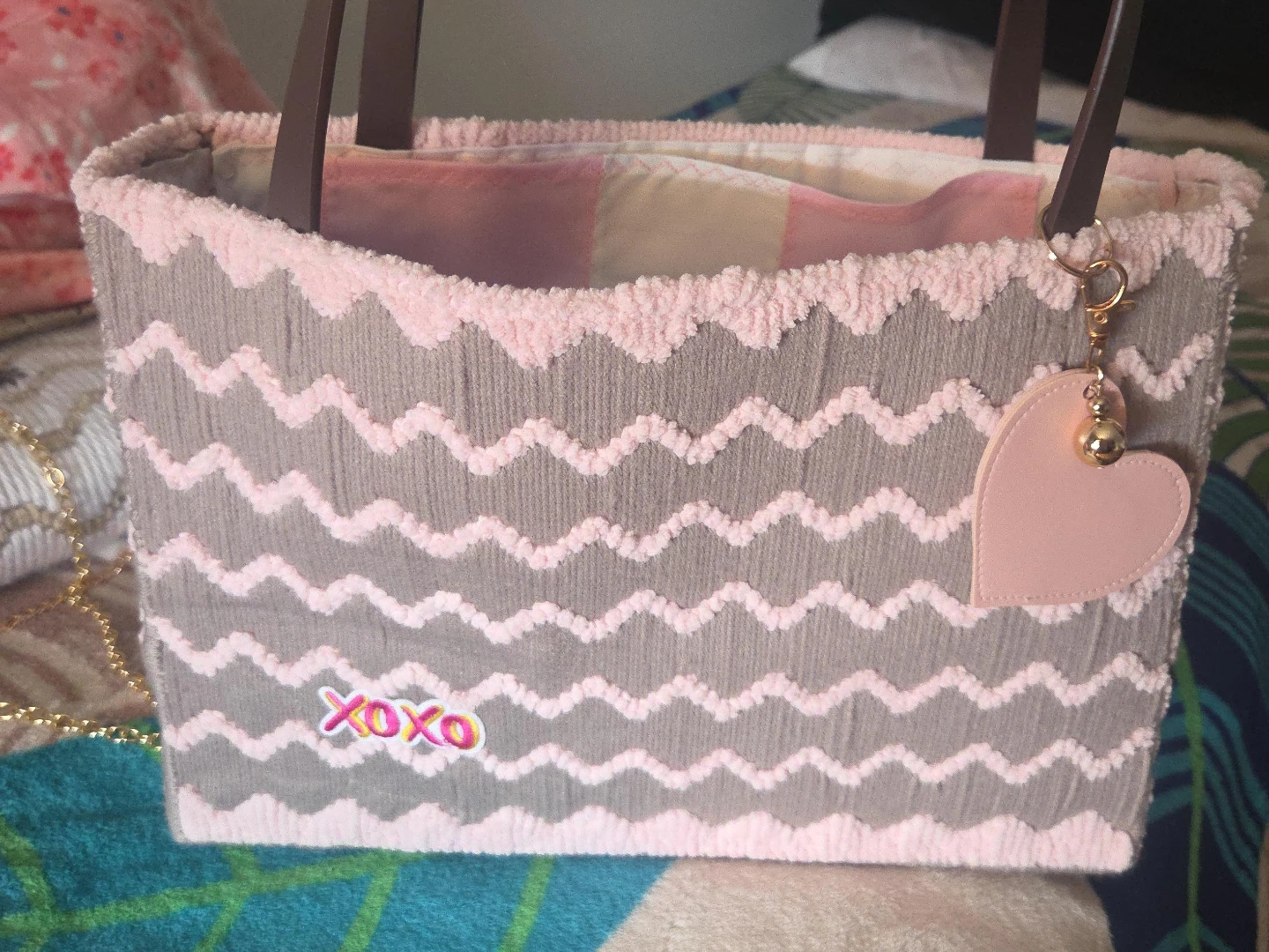 Gray & Pink Chevron Tote Bag with Heart Charm