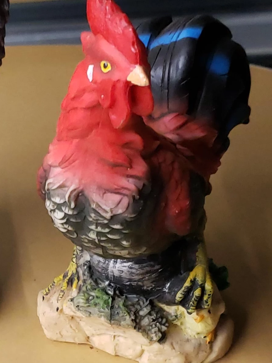 Red and Black Rooster Figurine with Chick