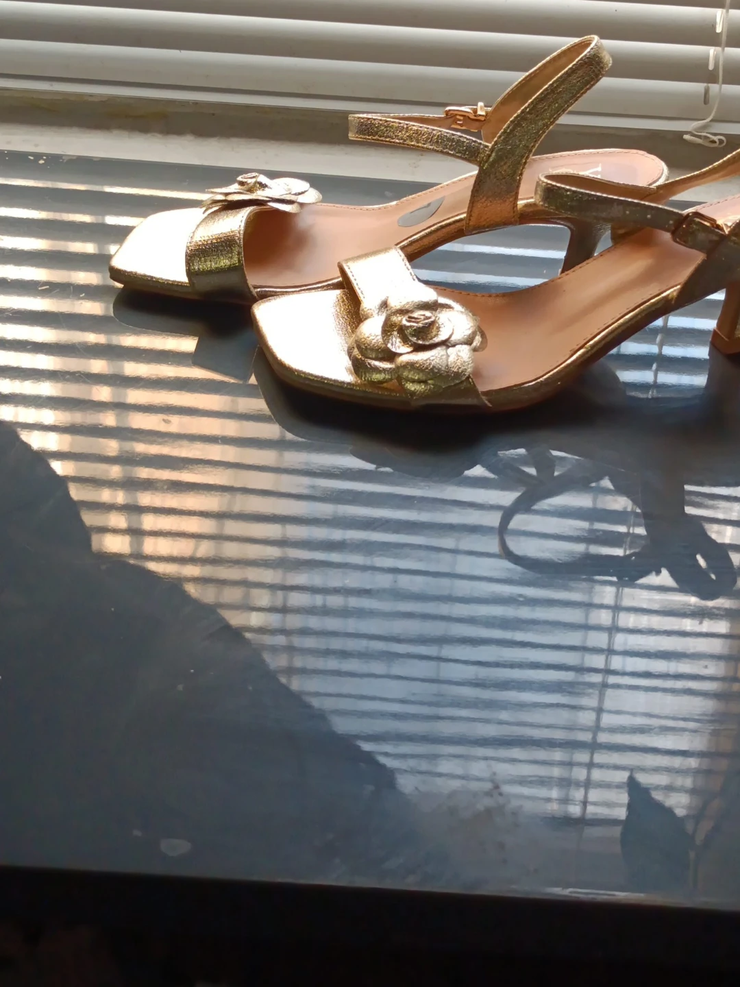 Women's Gold Strappy Flower Heels