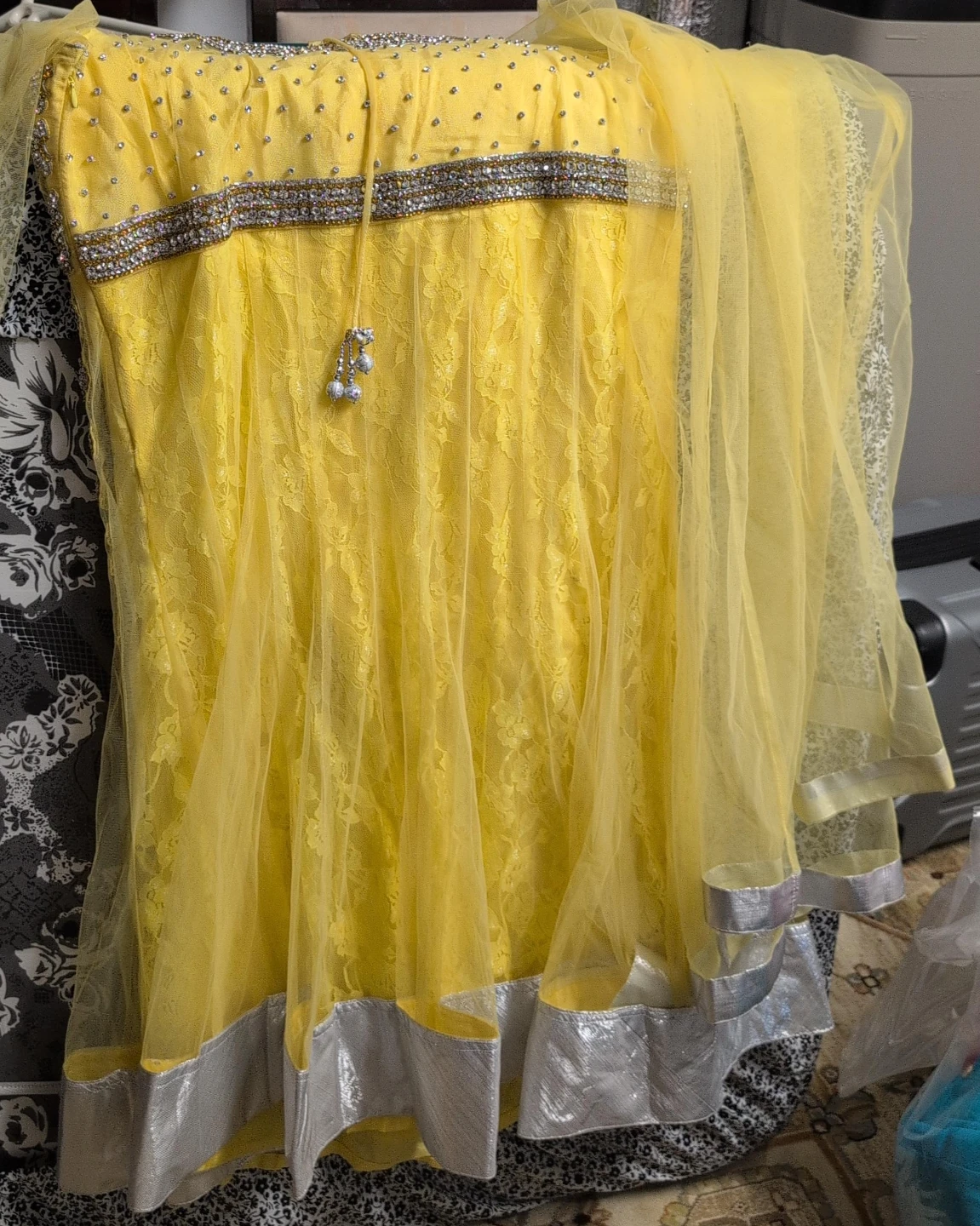 Yellow Lace Dress with Silver Trim