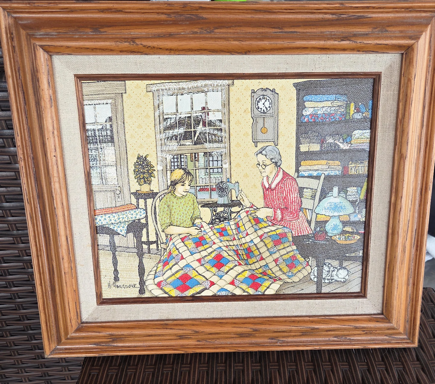 Framed "H. Holsgrove" Folk Art Painting of GrandM. Quilt