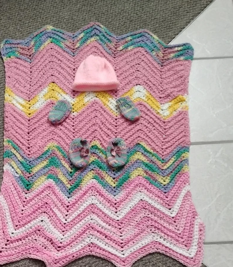 Handmade Baby Blanket, Hat, Booties, and Mittens Set