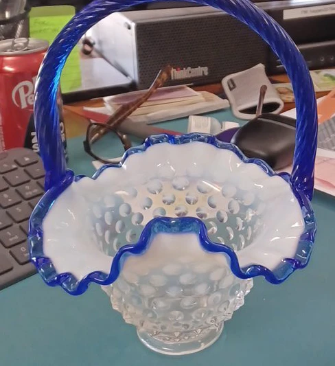 Fenton Hobnail Glass Basket with Blue Trim