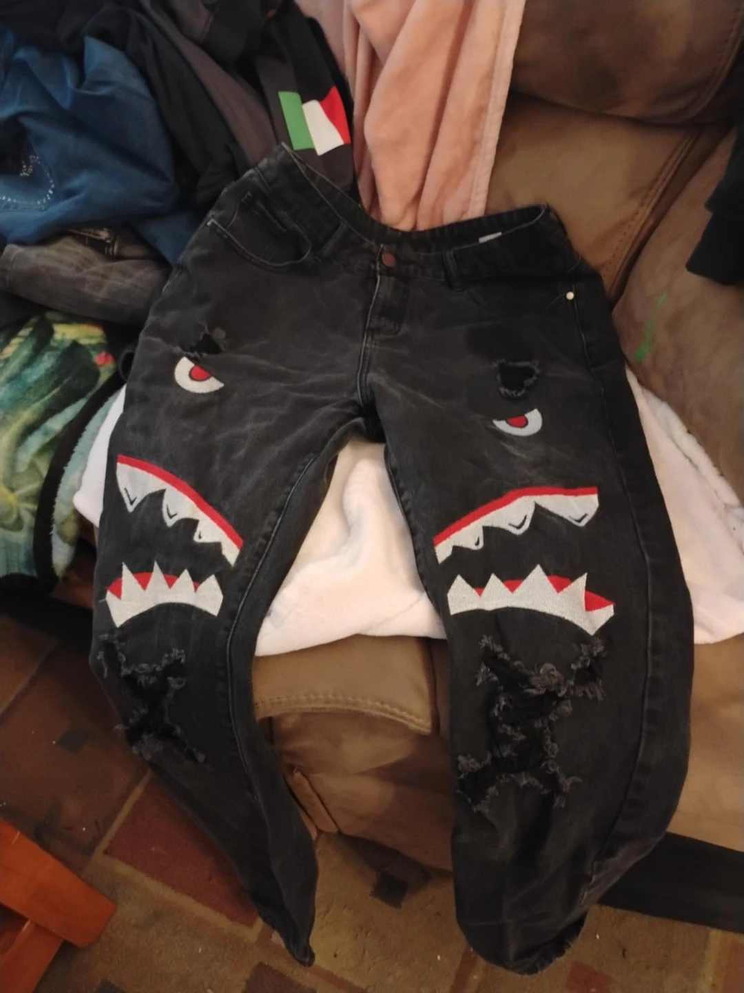 Black Denim Jeans with Shark Face Design