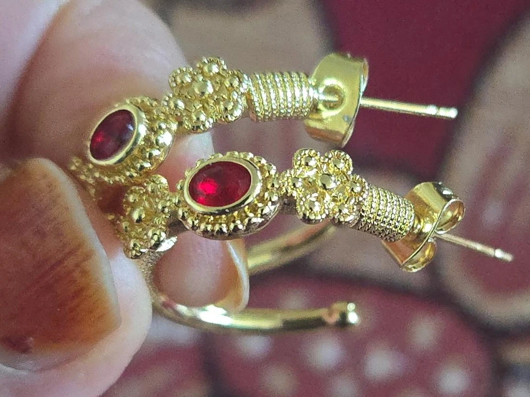 Gold-tone Hoop Earrings with Red Gemstones