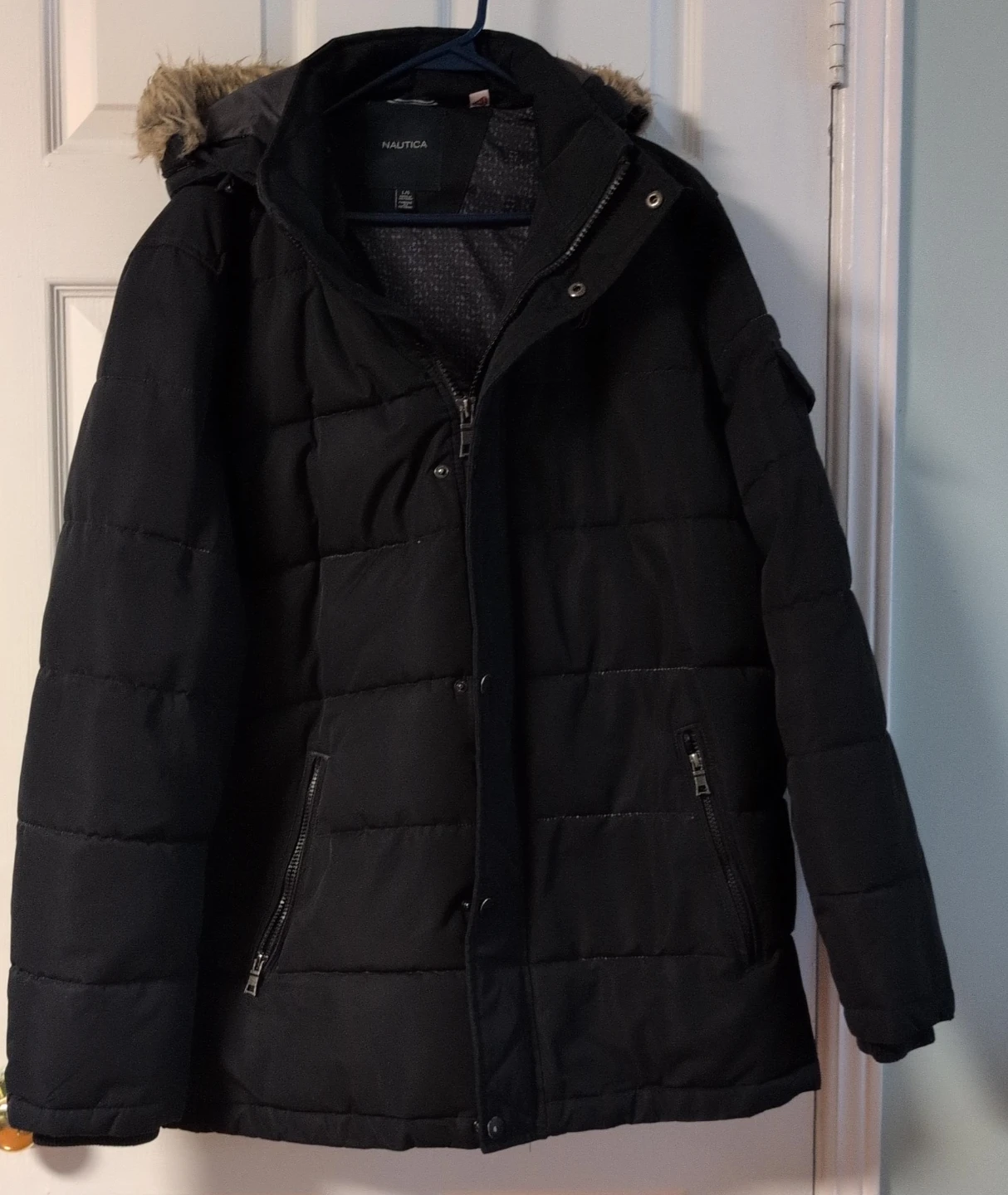 Nautica Puffer Jacket with Faux Fur Hood - Black - Large