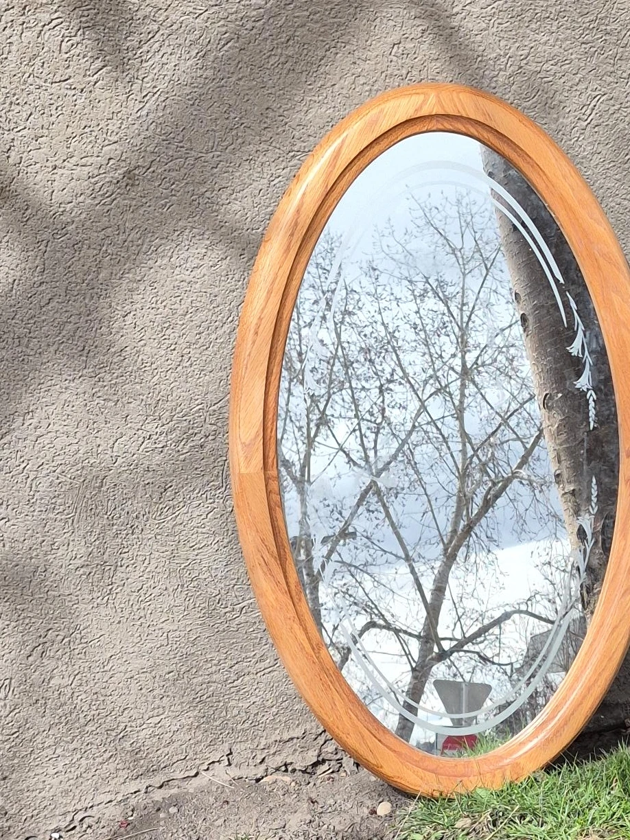 Oval Wood Framed Mirror with Etched Design