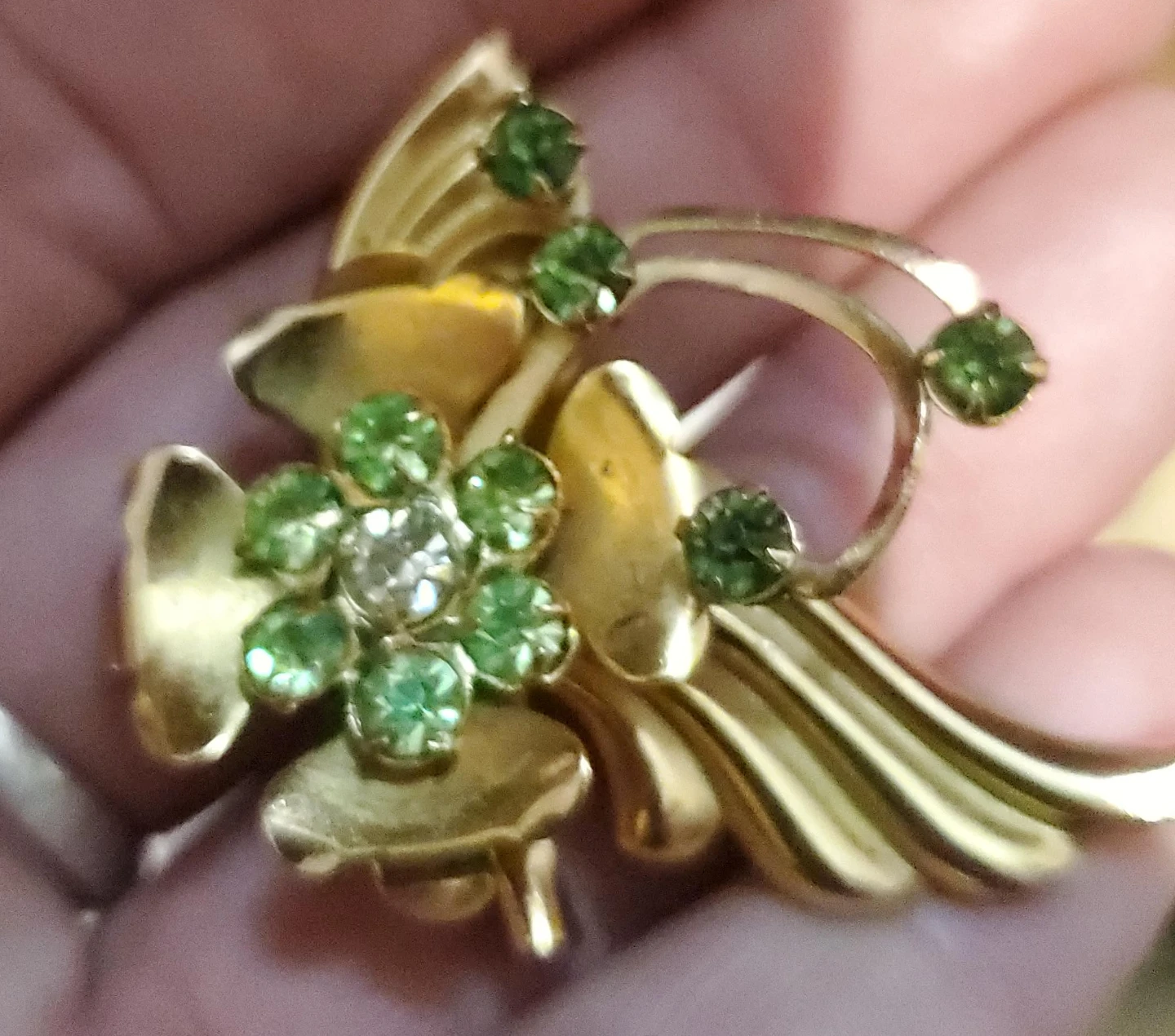 Vintage Brooch with Green and Clear Stones