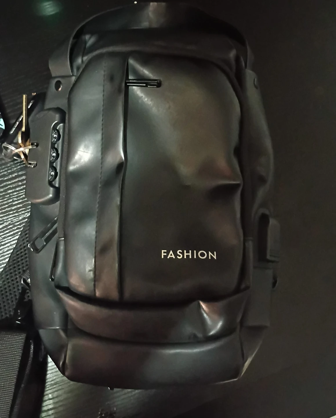 Black Faux Leather Sling Bag with Combination Lock