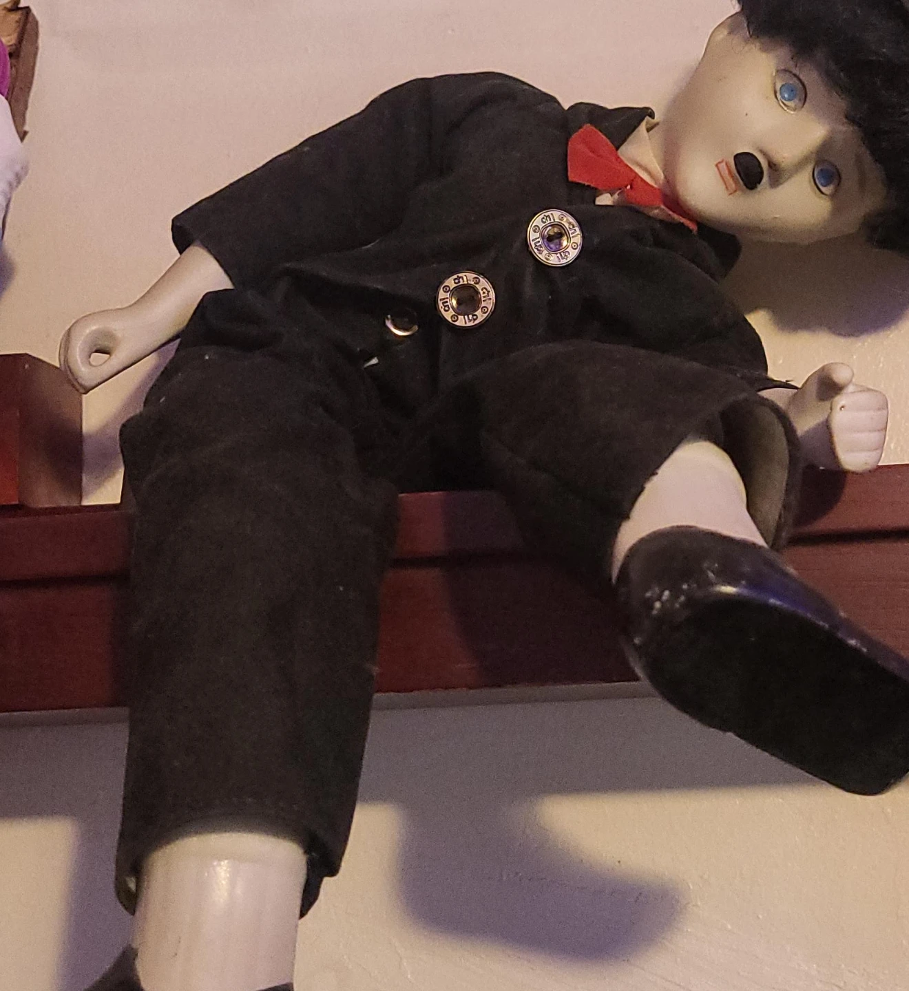 Vintage Character Doll in Black Suit and Red Bowtie