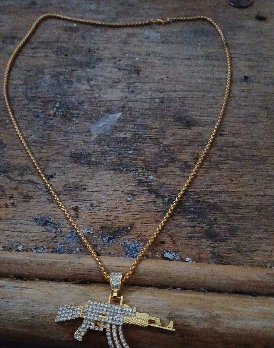 Gold Tone AK-47 Pendant Necklace with Rhinestones