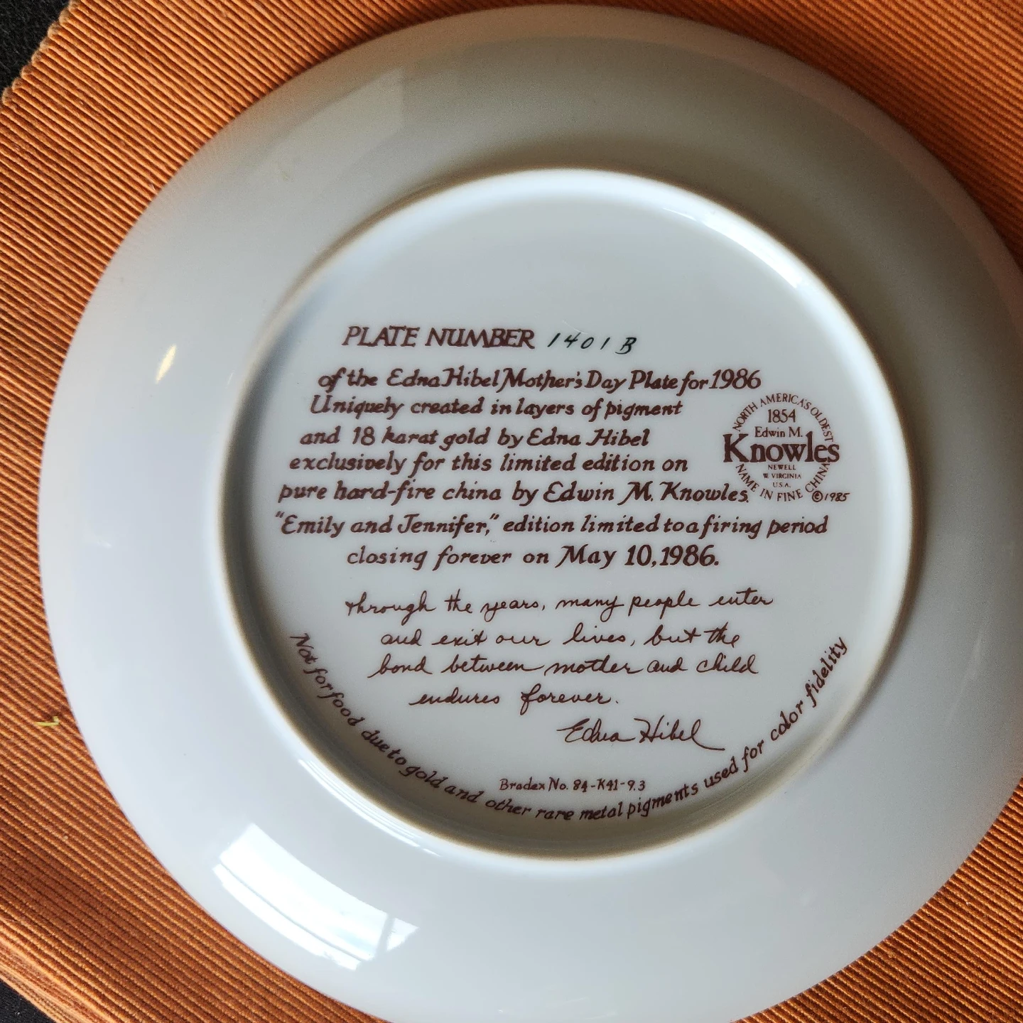 Edna Hibel 1986 Mother's Day Plate "Emily and Jennifer"
