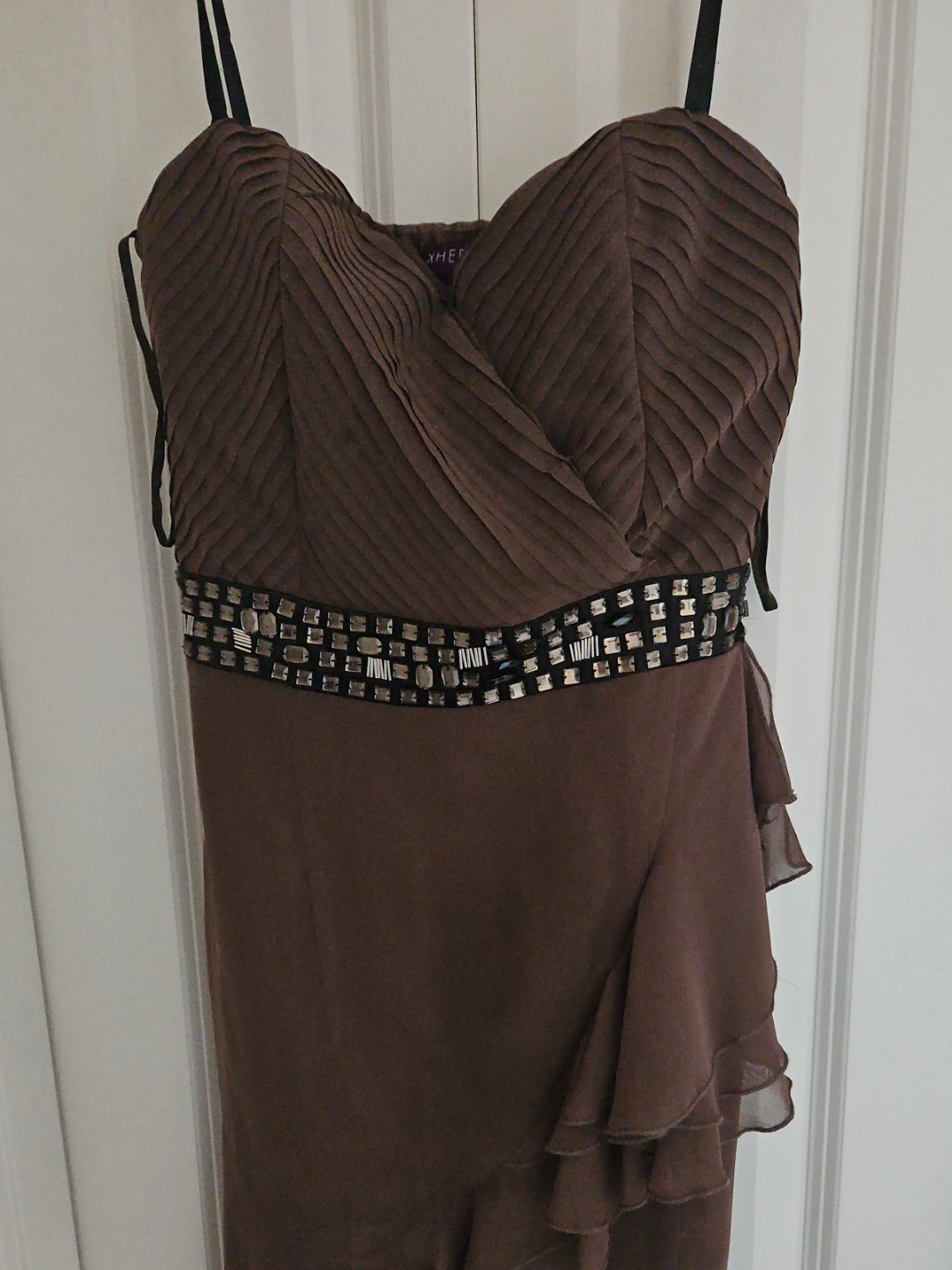 Brown Embellished Strapless Dress