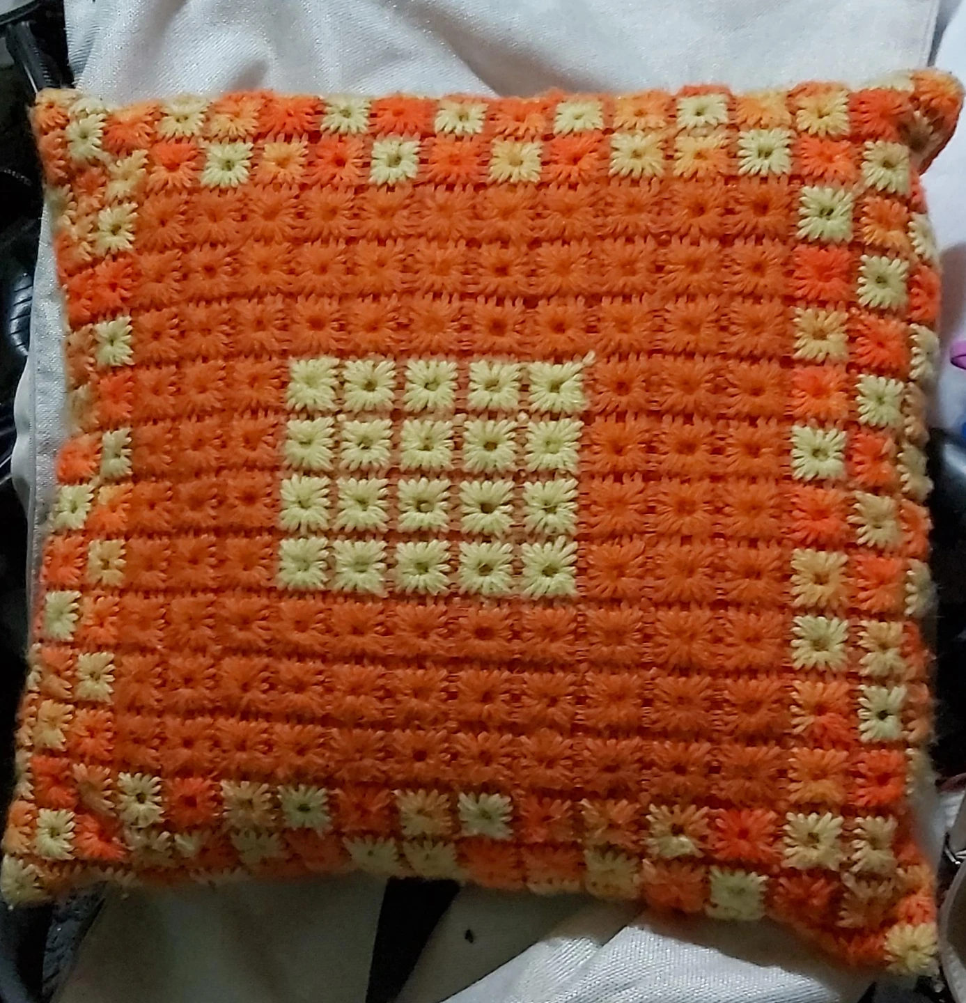 Hand-stitched Orange and Cream Flower Pillow