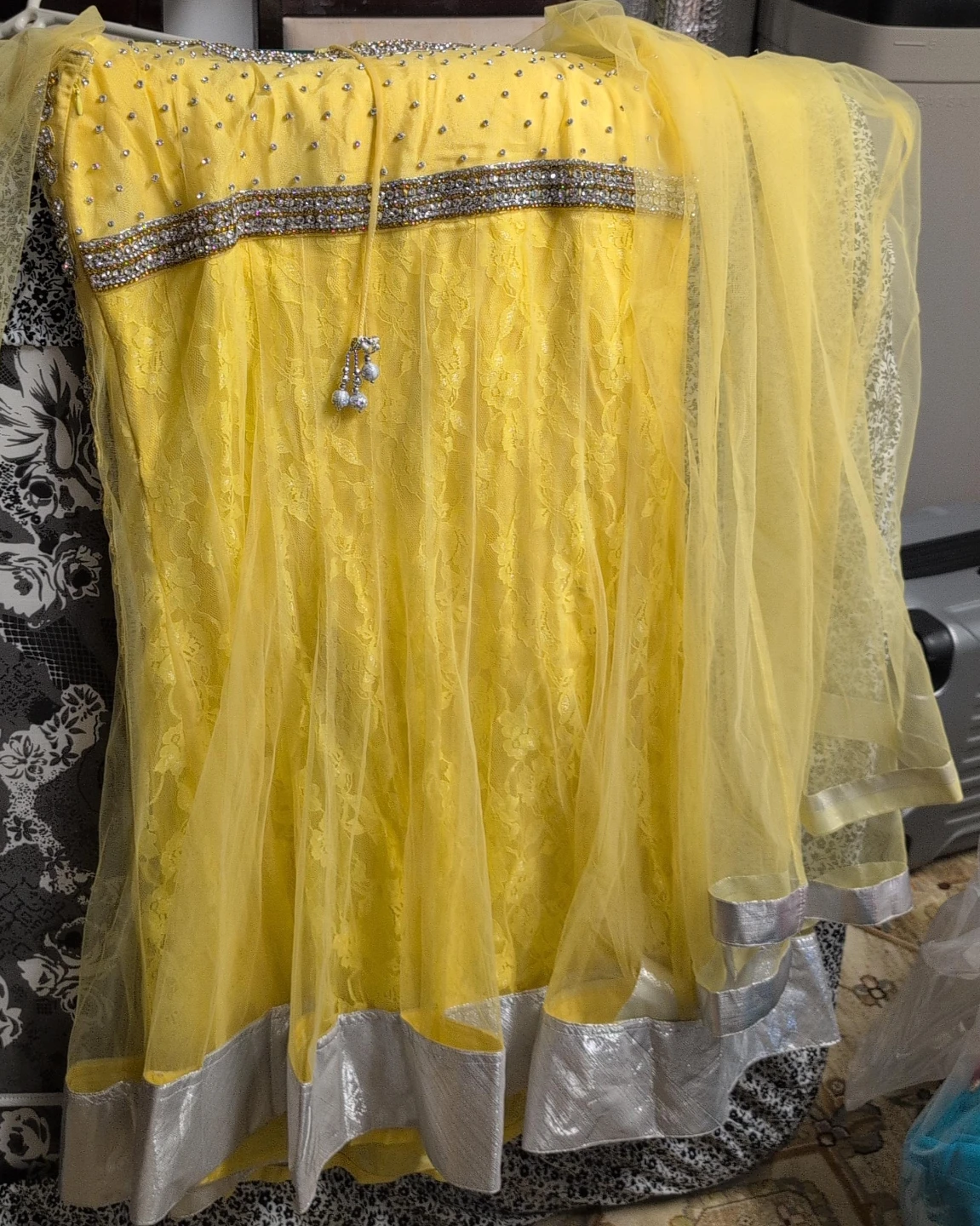 Yellow Lace Dress with Silver Trim