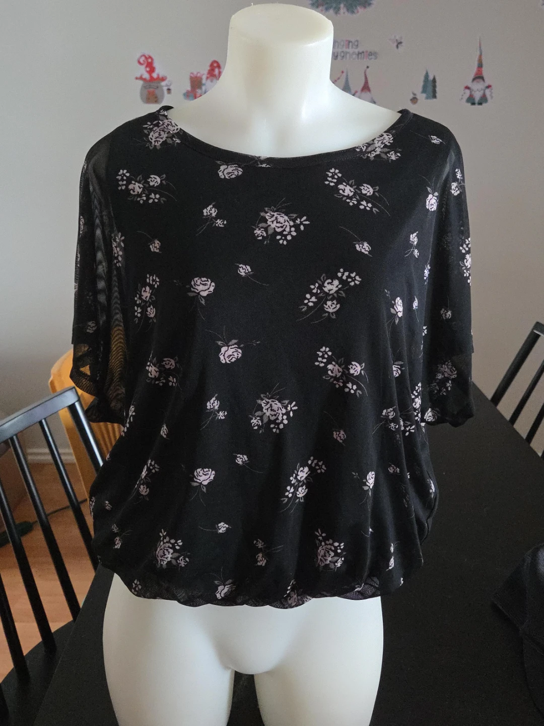 Black Mesh Floral Print Top