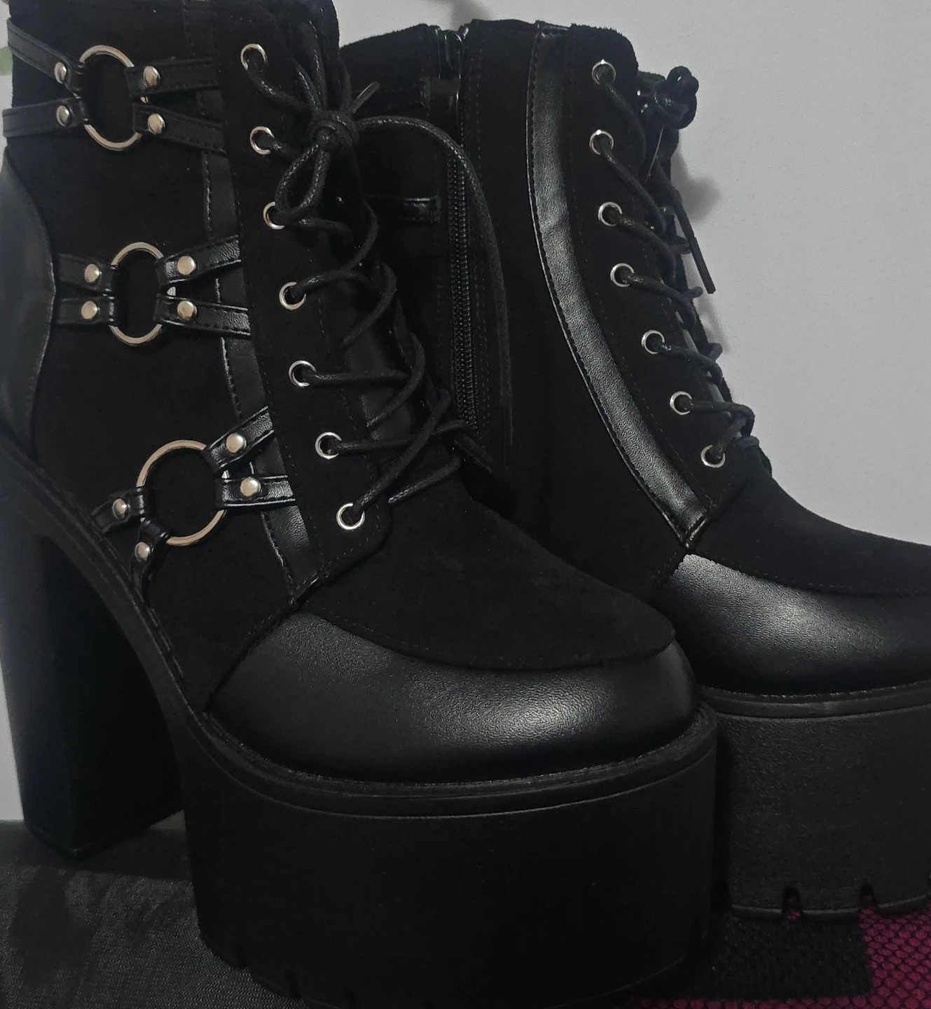 Black Platform Chunky Heel Boots with Buckle Straps - photo 4