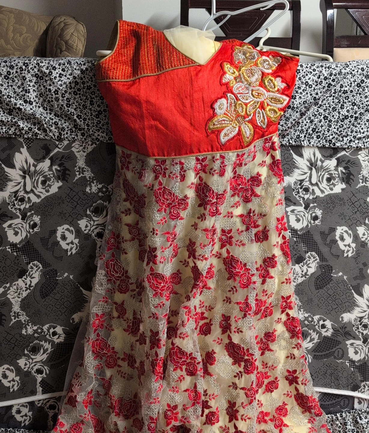 Embroidered Red and Cream Dress