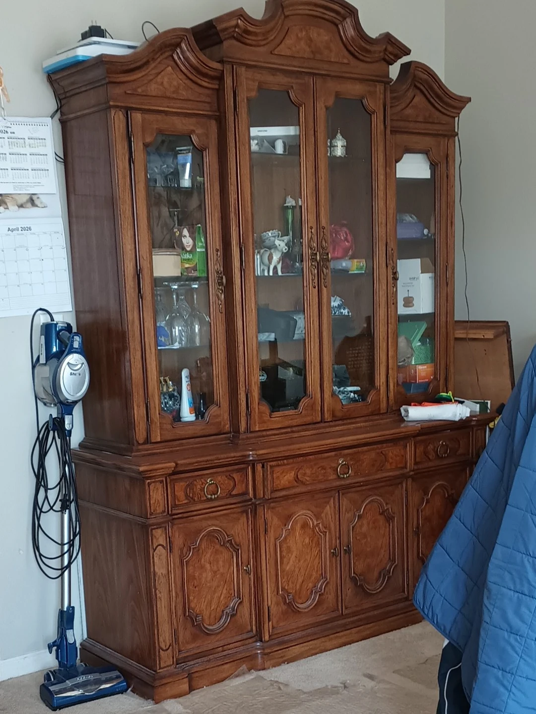Vintage Wood China Cabinet with Glass Doors