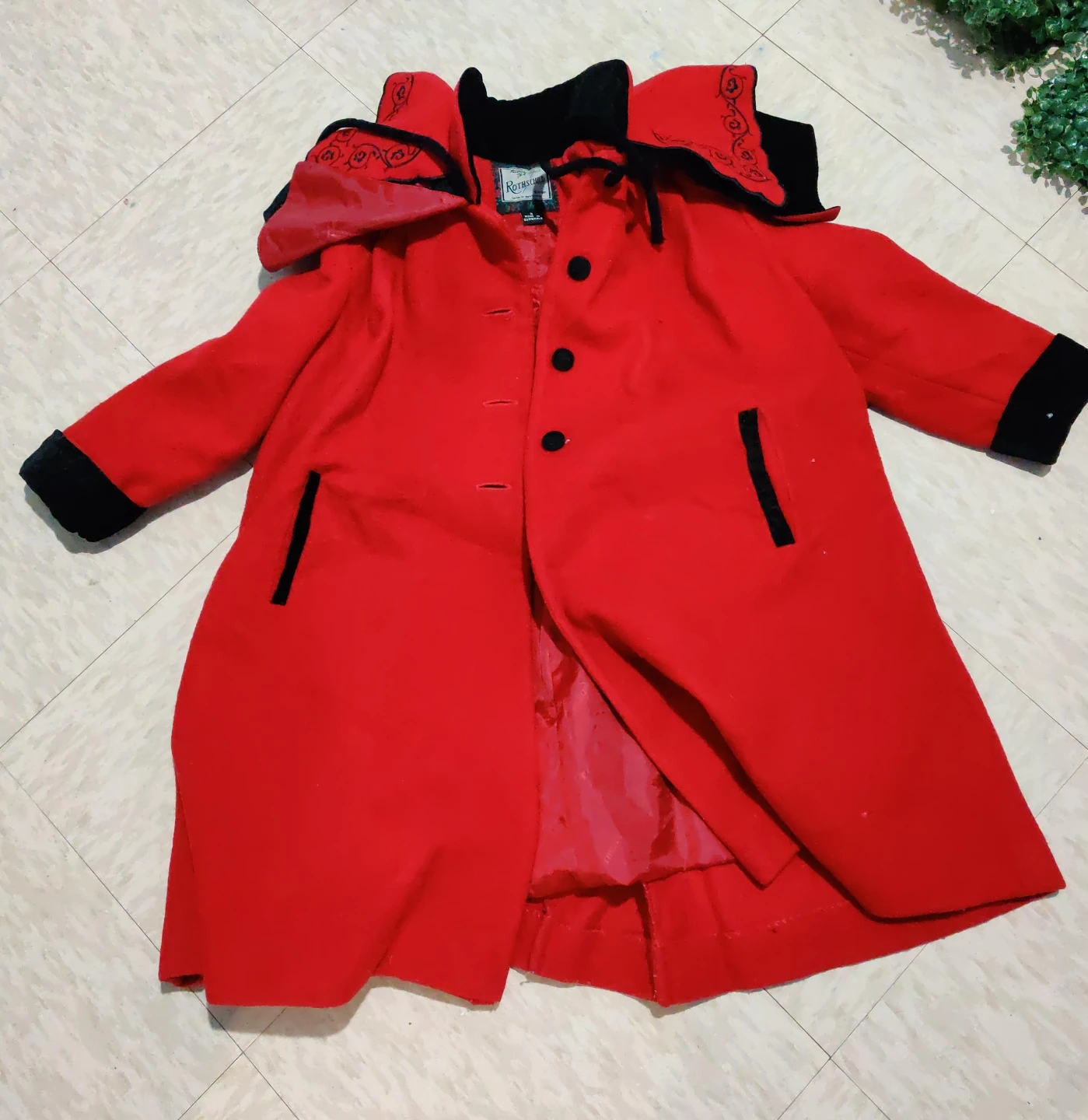 Rothschild Red Wool Blend Coat with Black Trim for kids