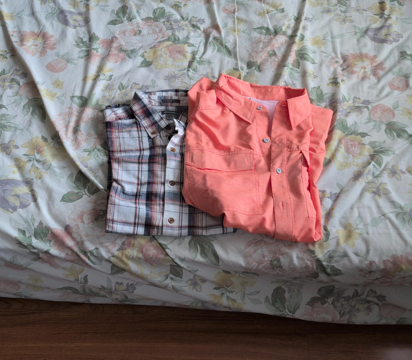 Two Men's Button-Up Shirts - Plaid and Coral $5 each