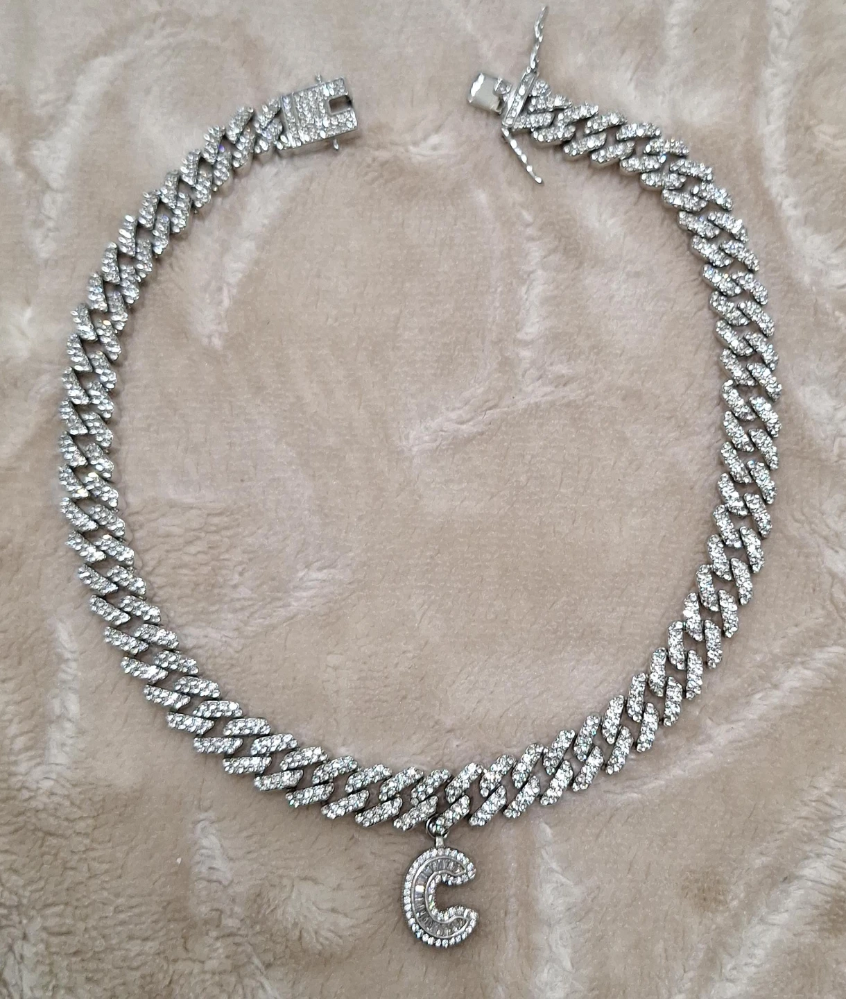Rhinestone Cuban Link Chain Necklace with 'C' Pendant