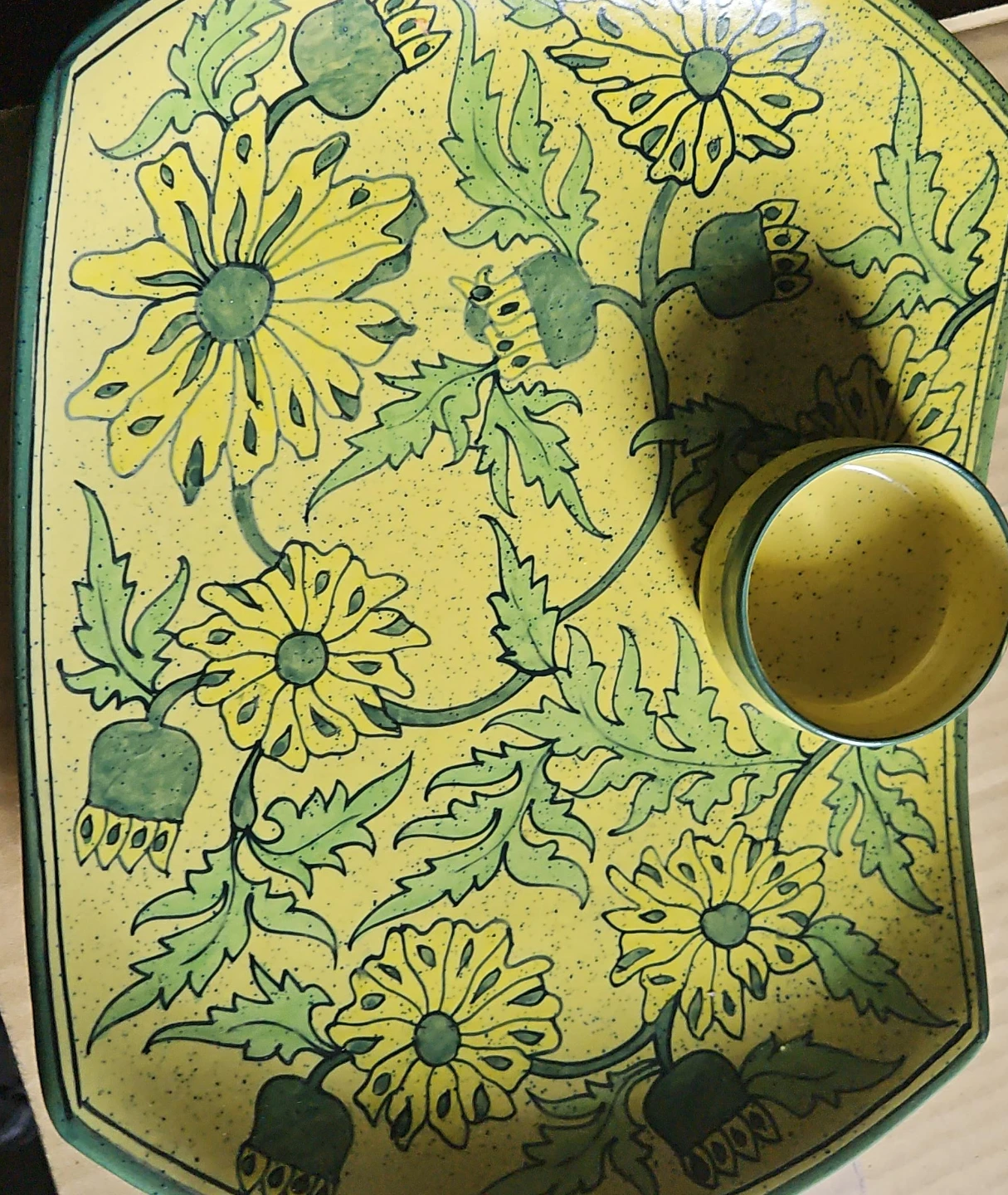 Yellow Floral Snack Plate with Dip Bowl