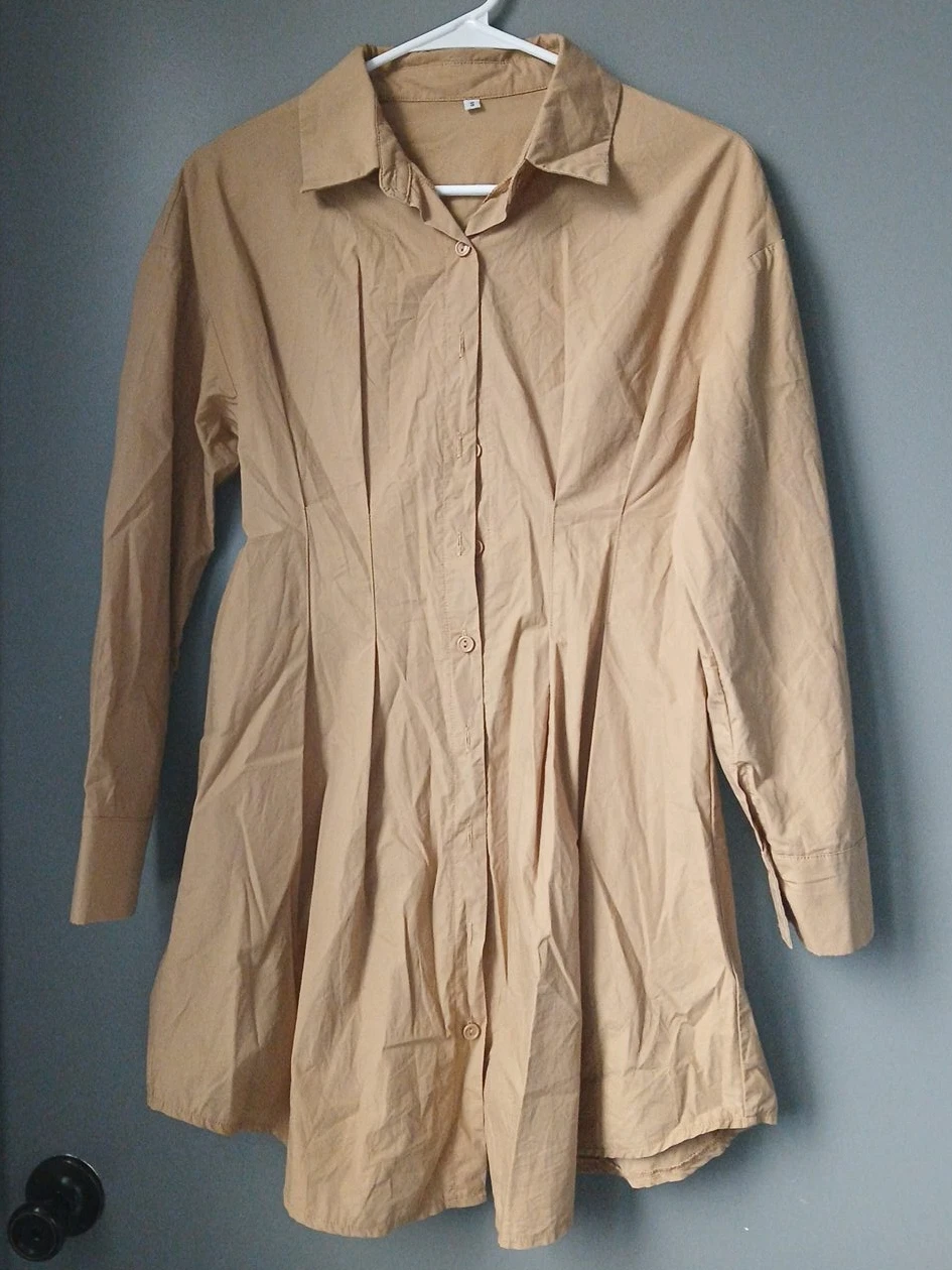 Tan Long Sleeve Collared Shirt Dress