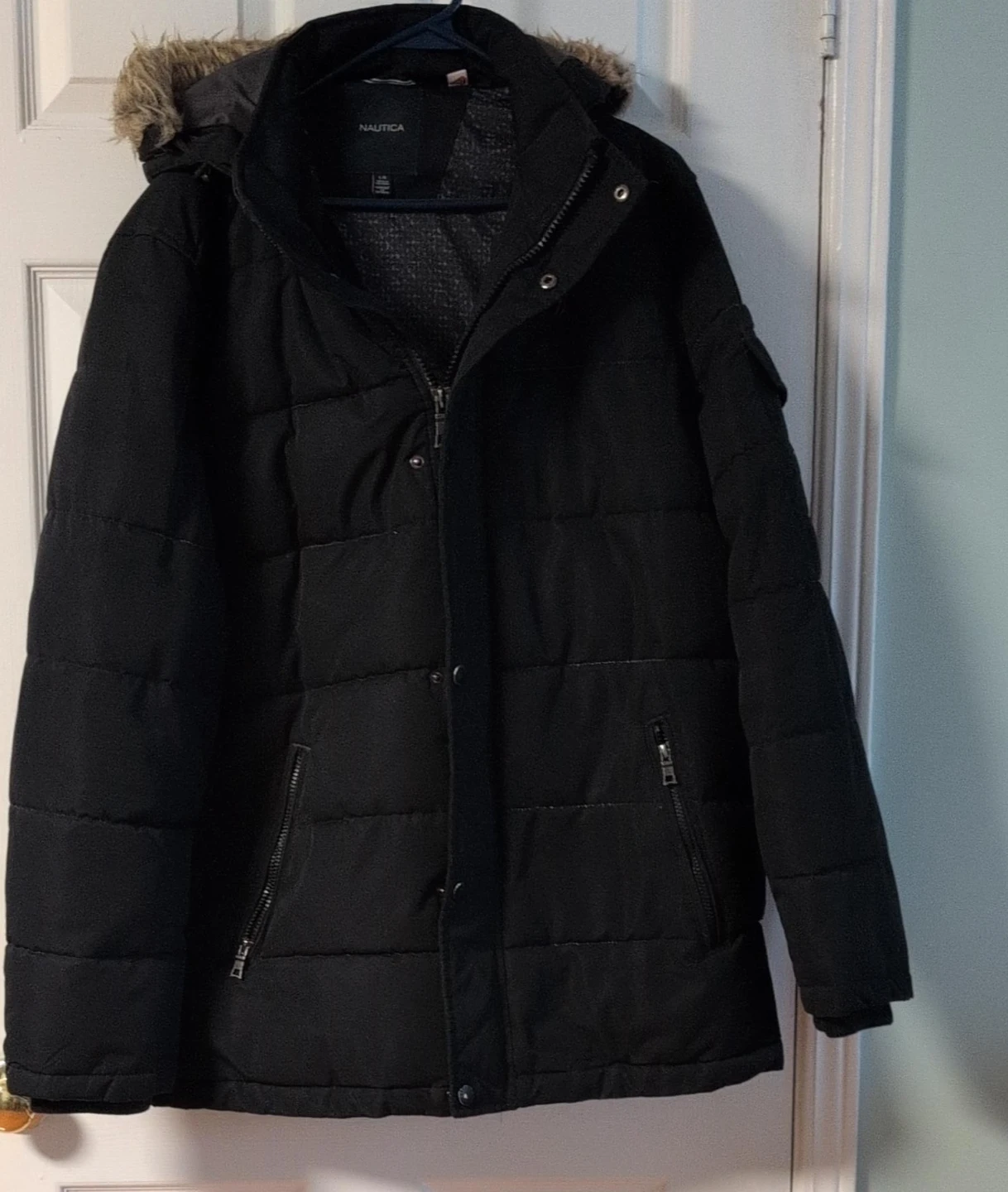 Nautica Black Puffer Winter Jacket with Fur Hood