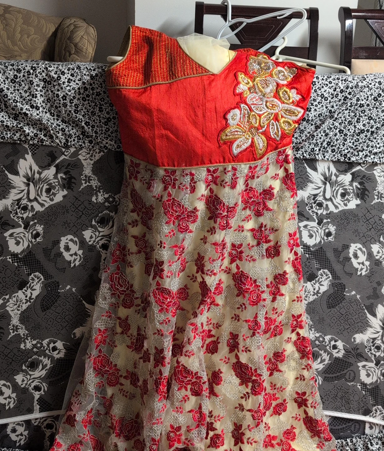 Red and Cream Embroidered Dress