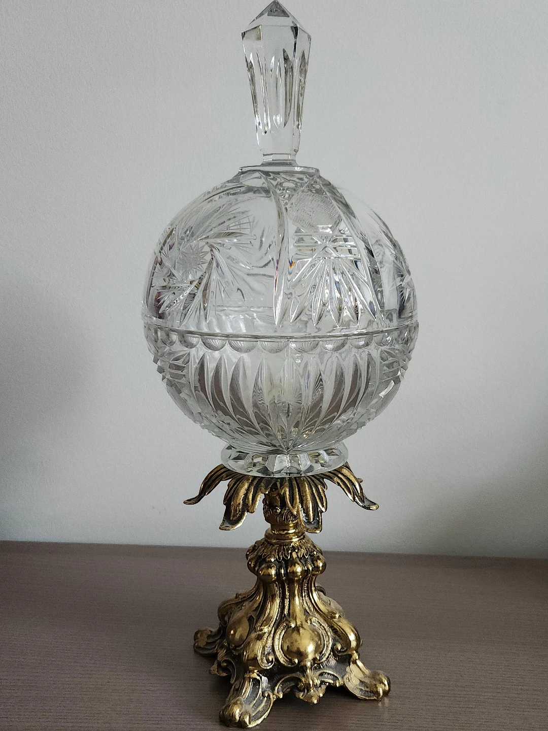 Vintage Crystal Candy Dish with Lid and Brass Stand