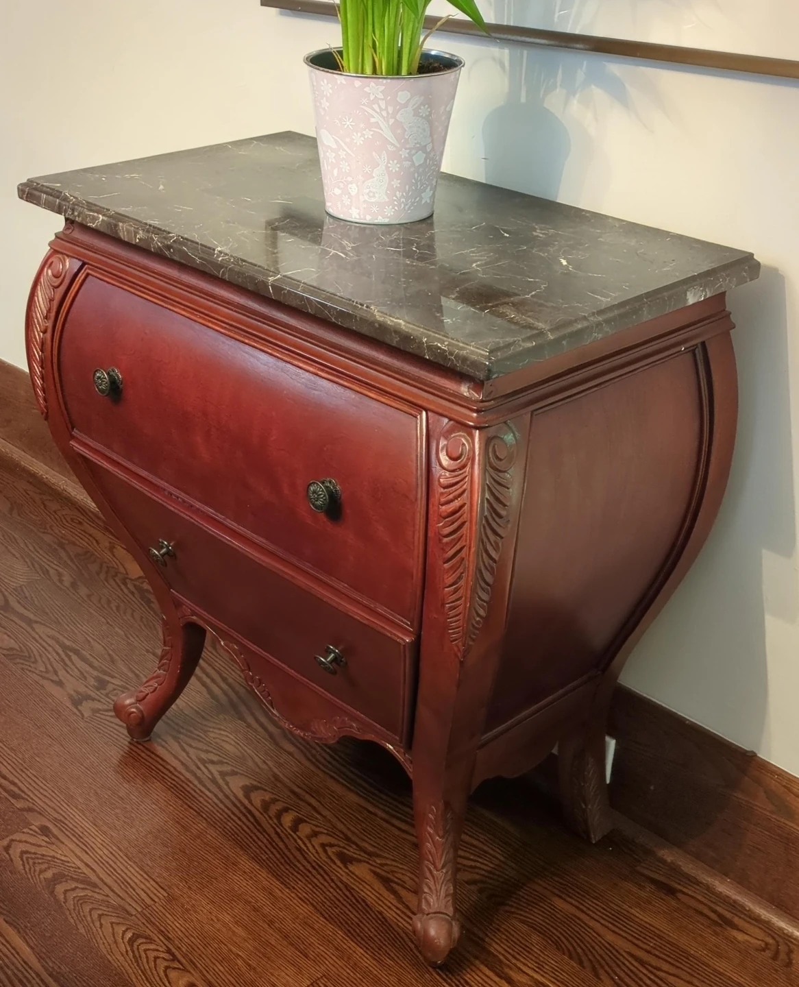 Ornate Wooden Side Table with Marble Top