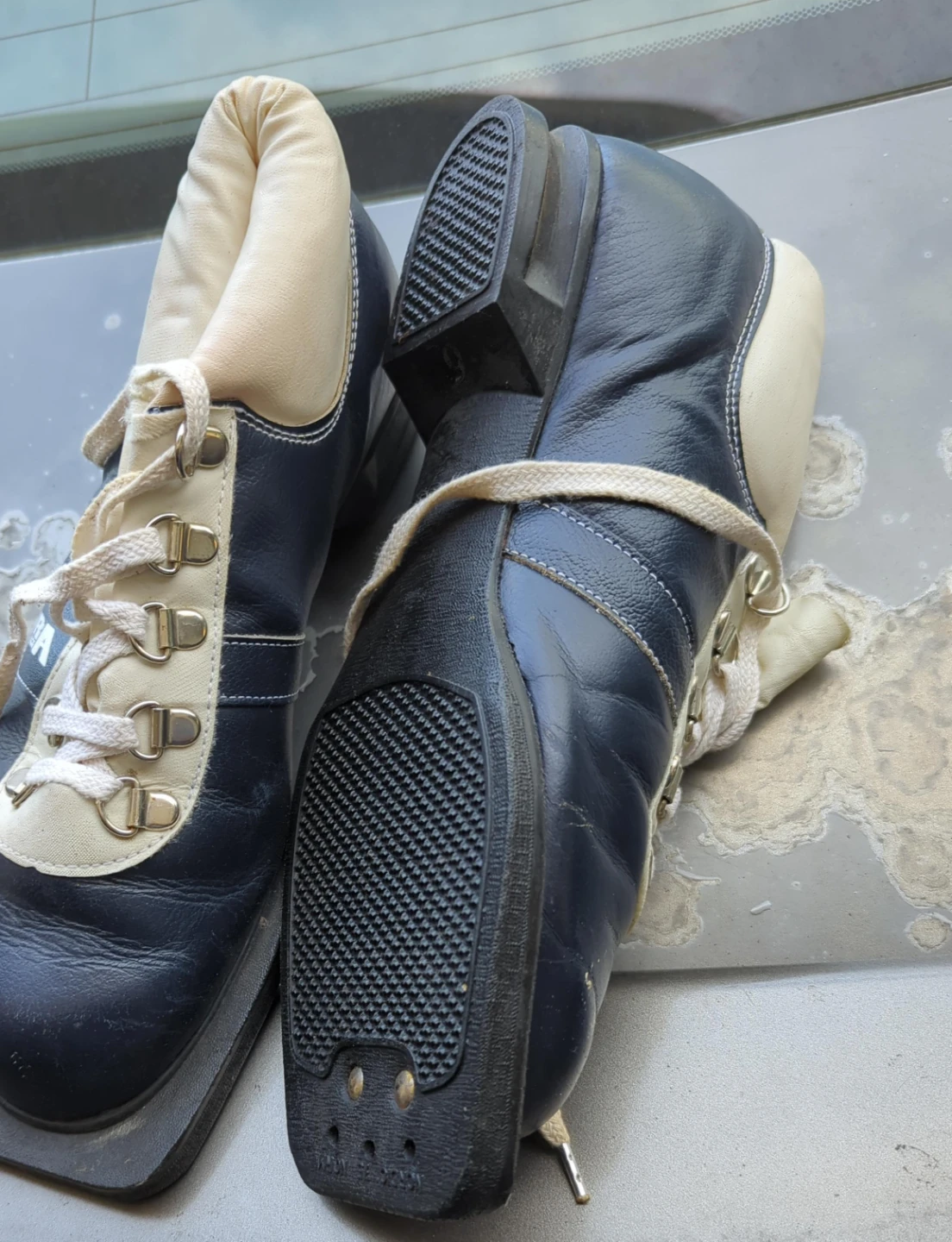 Bottes de ski bleues et beiges