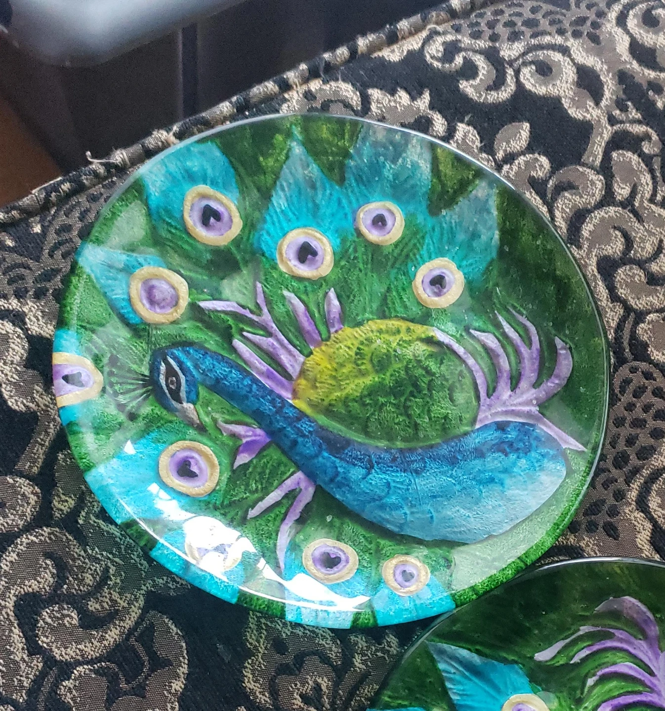 Glass Decorative Plate with Peacock Design
