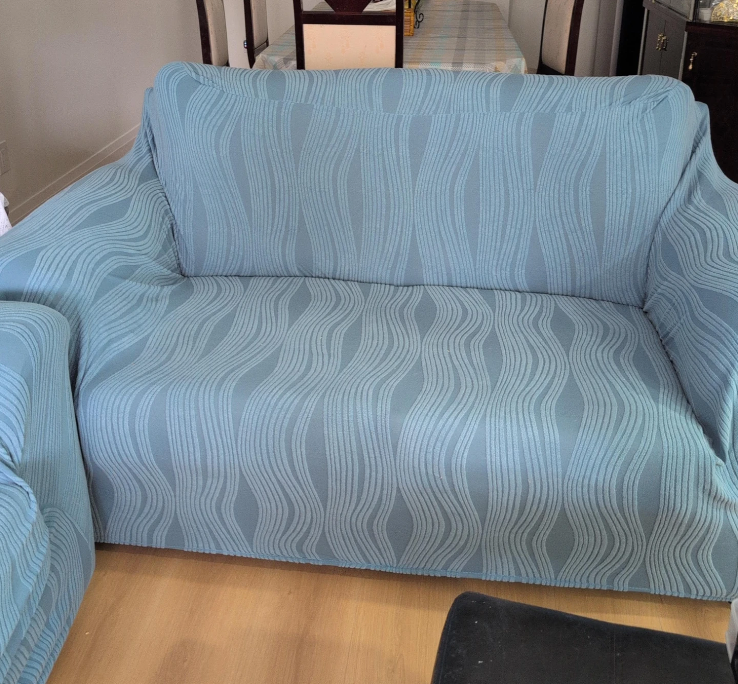 Light Blue Sofa Slipcover with Wave Pattern $50 Both