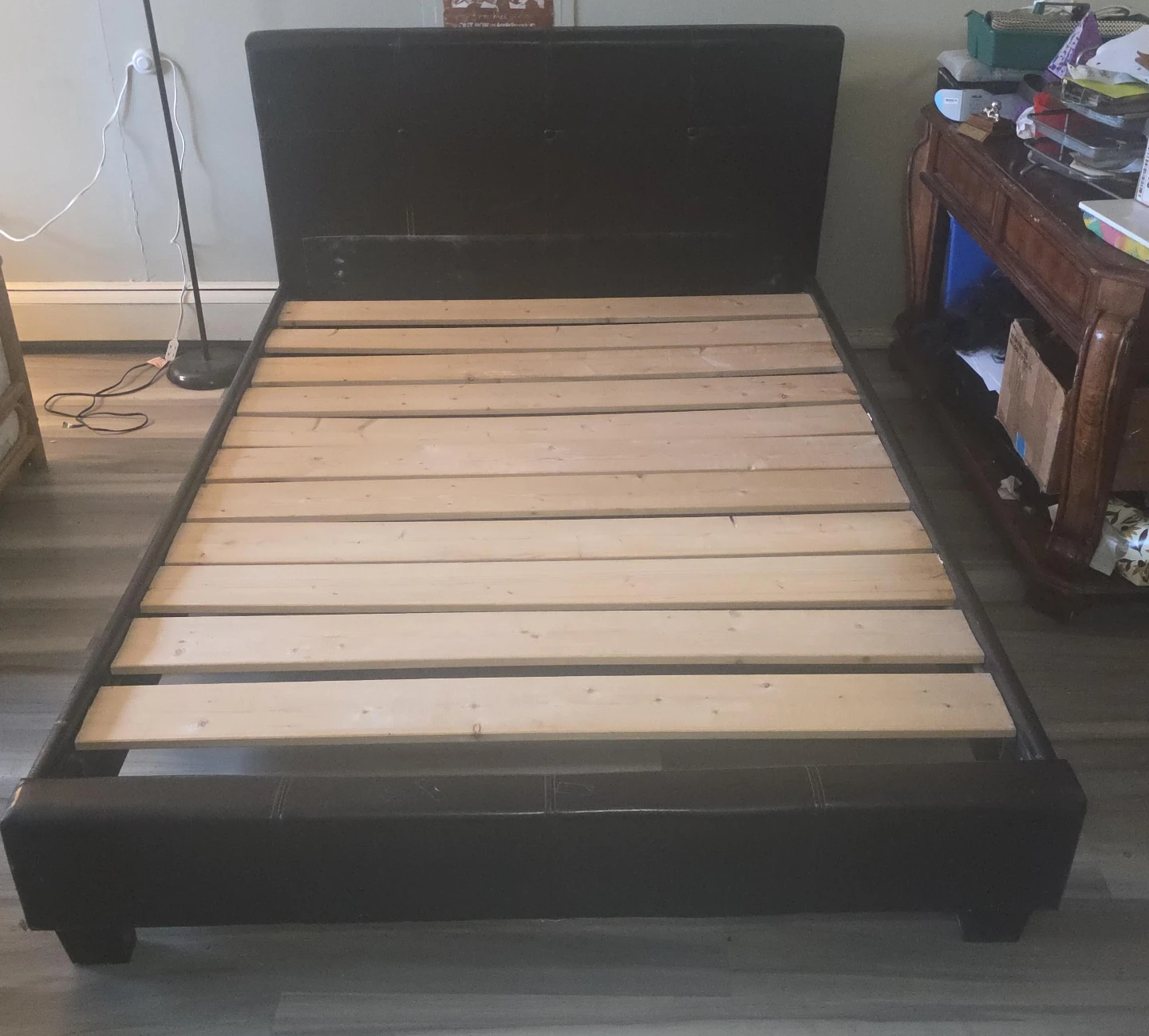 Dark Faux Leather Bed Frame with Wooden Slats