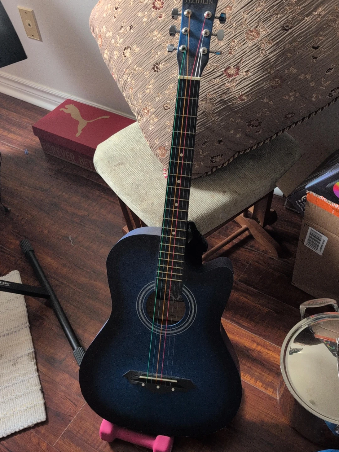 JIZHILIN Blue Acoustic Guitar with Rainbow Strings