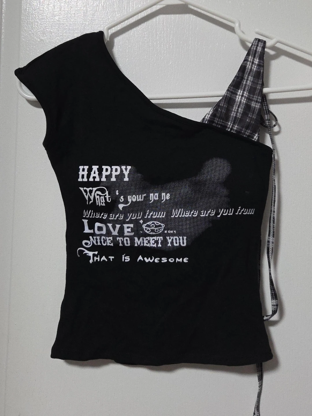 Black One Shoulder Top with Graphic Print