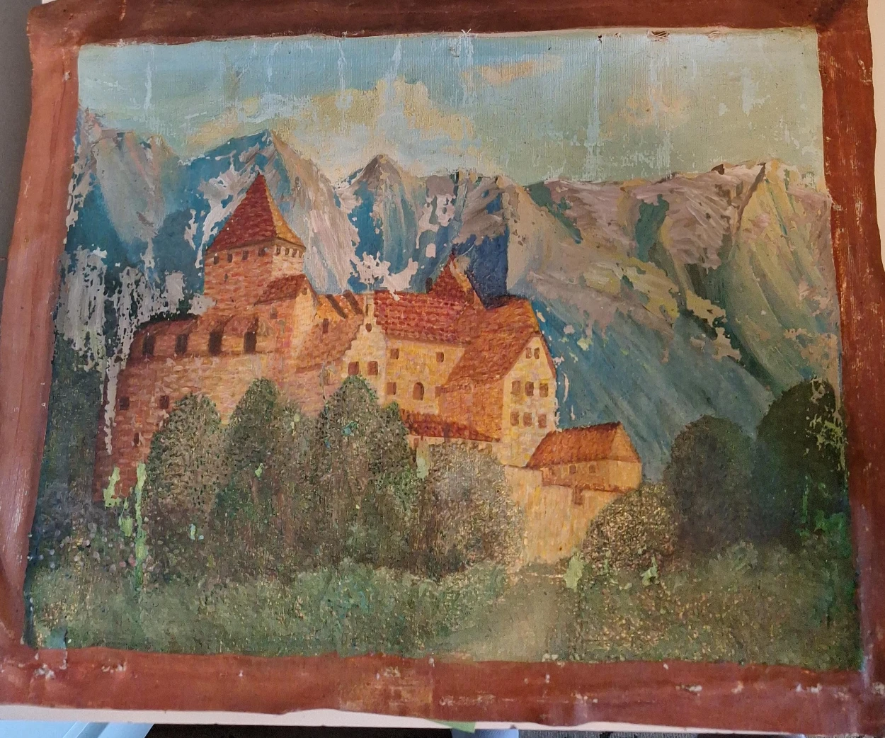 Vintage Oil Painting of a Castle in Mountains