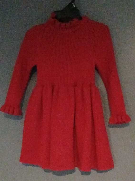 Girls Red Knit Dress with Ruffle Cuffs and Neckline