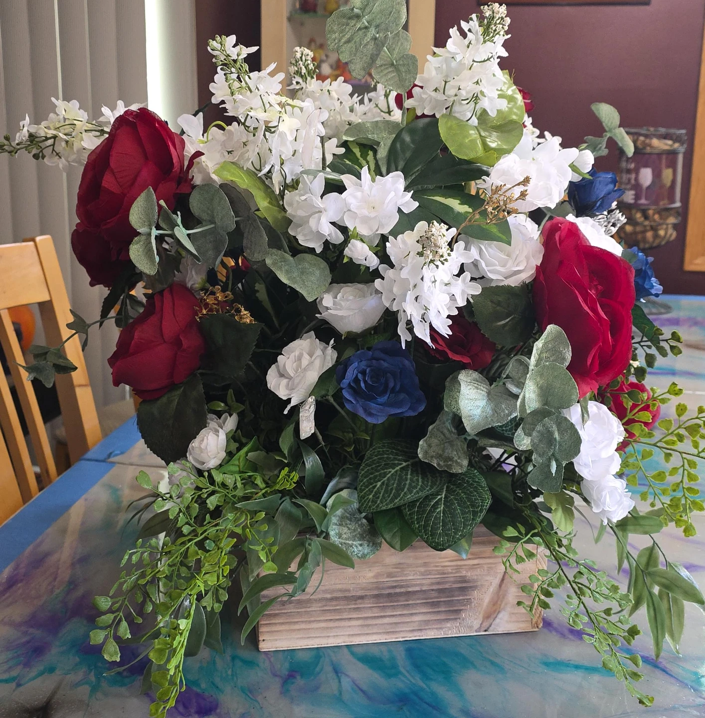 Artificial Floral Arrangement in Wooden Box