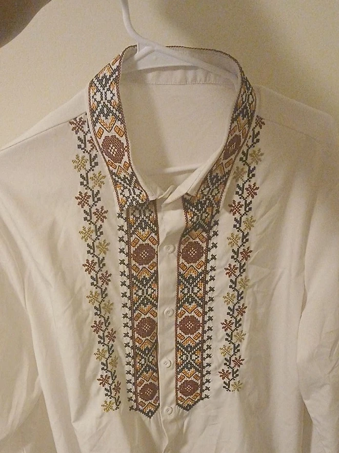 White Button-Up Shirt with Embroidered Collar