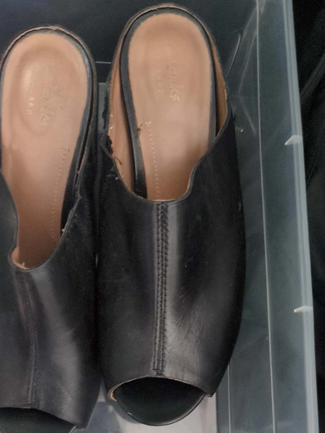 Clarks Black Leather Open Toe Block Heel Mules