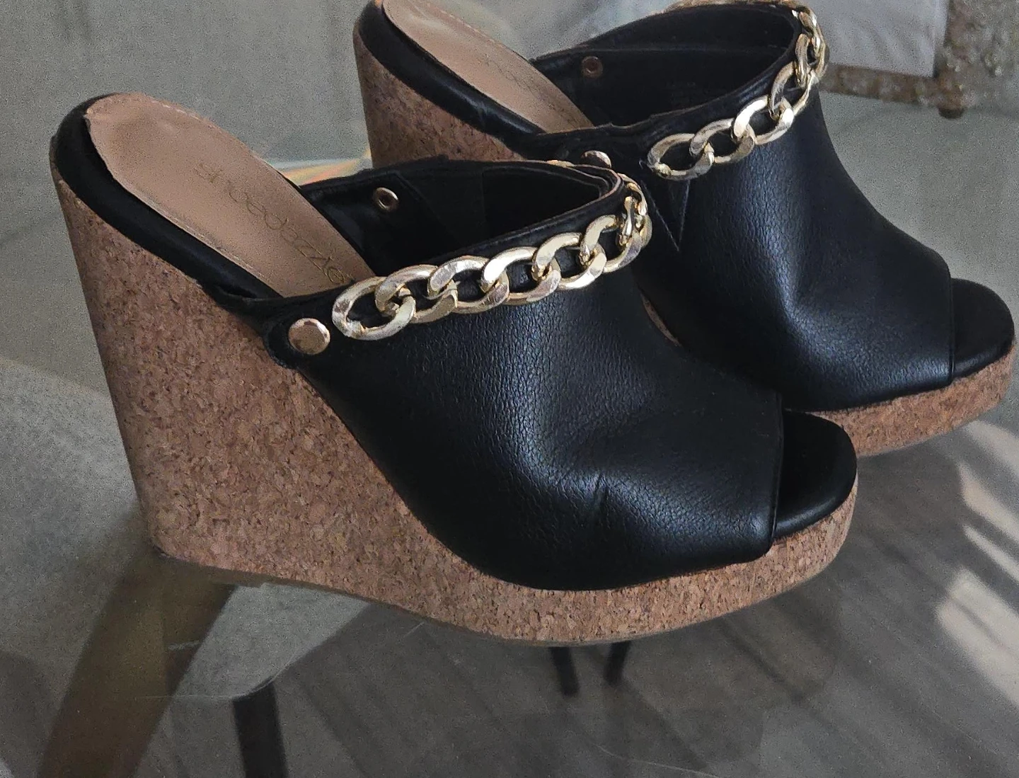 Black Wedge Mules with Gold Chain Detail