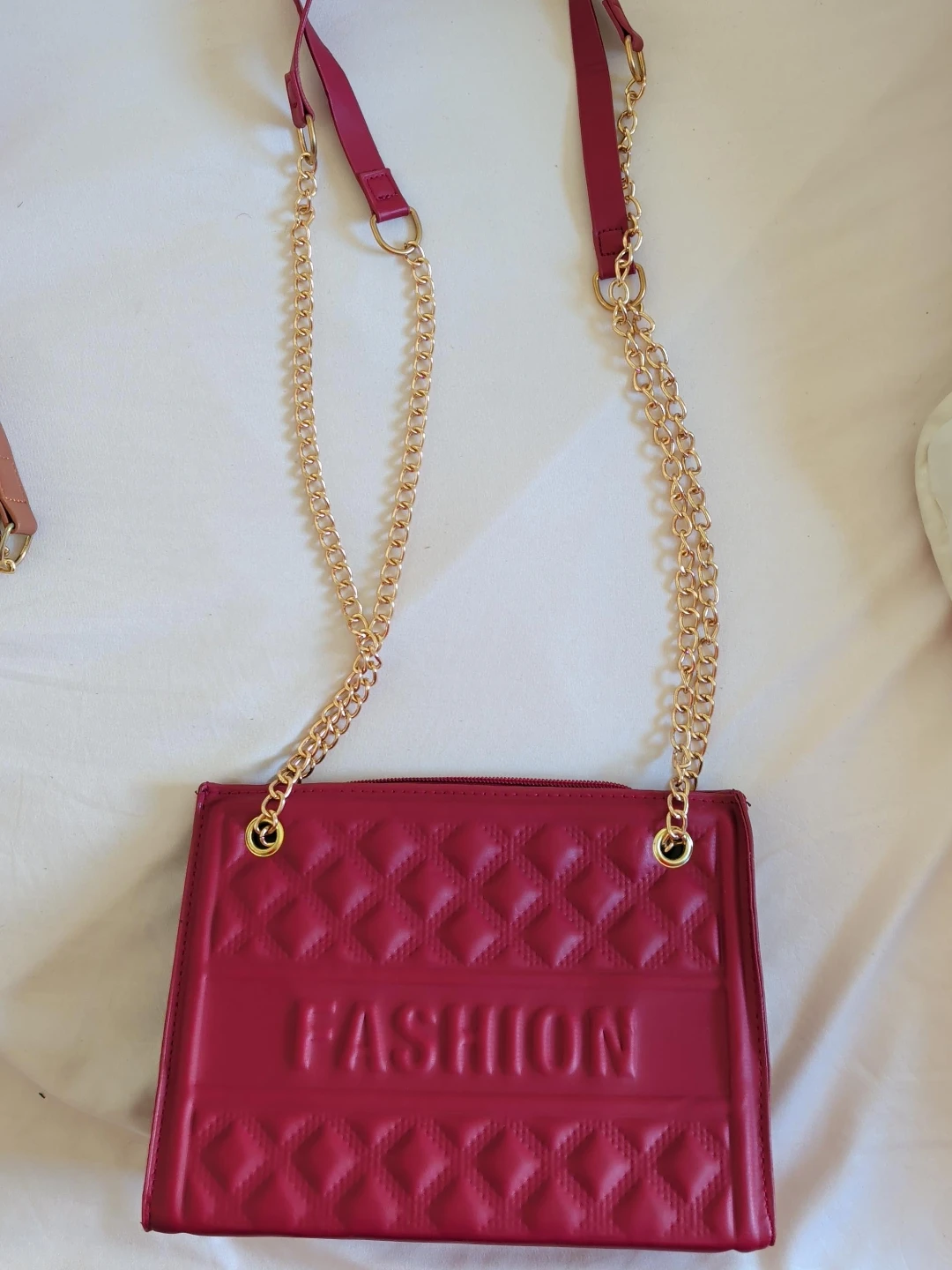 Quilted Red Crossbody Bag with "FASHION" Embossed