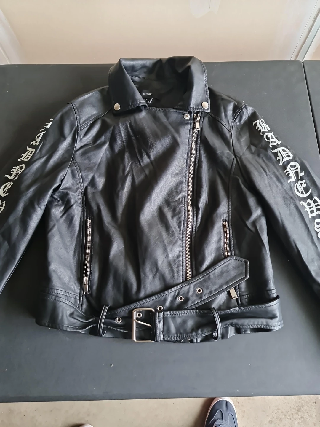 Forever 21 Black Faux Leather Moto Jacket with Graphic Sleeves